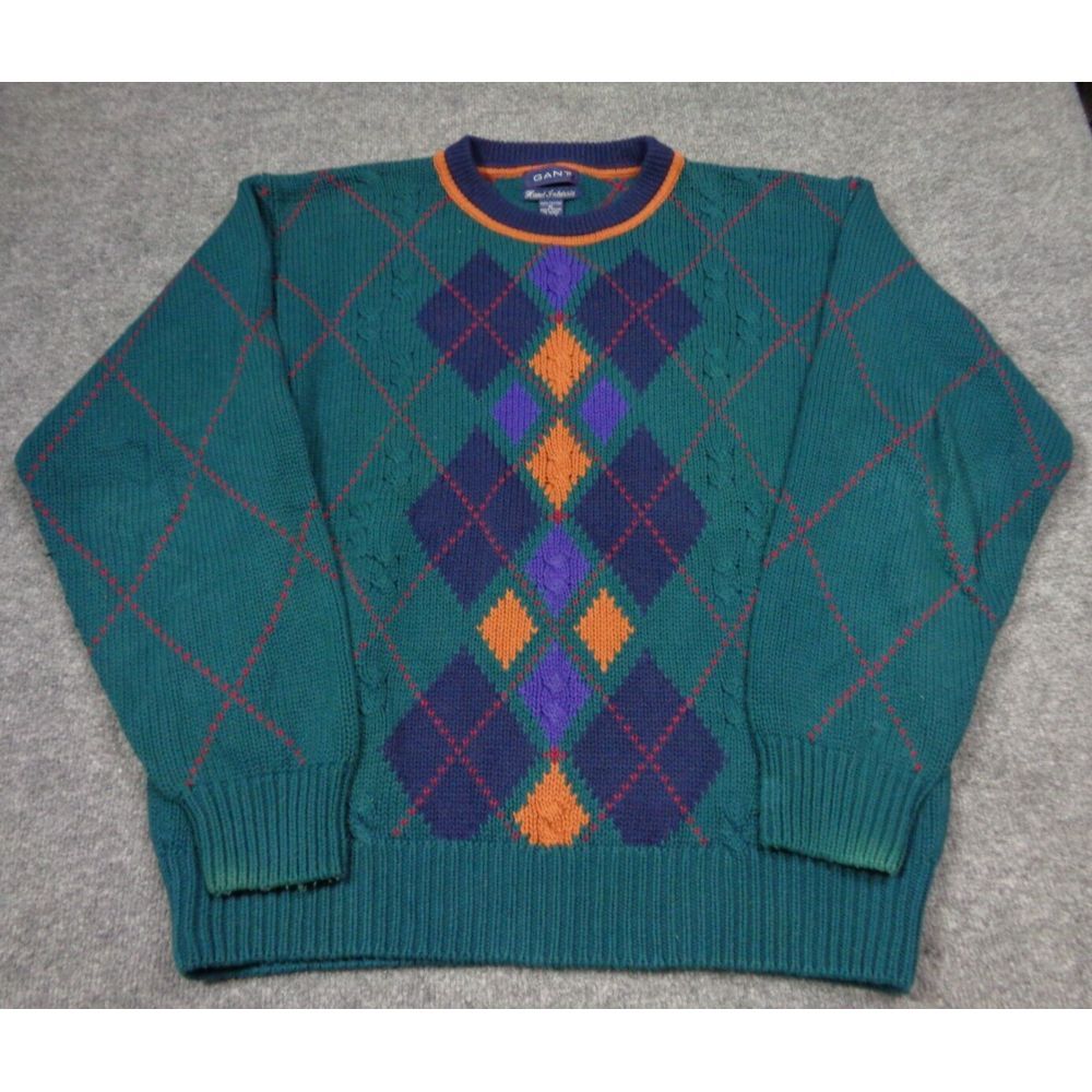 Vtg GANT Sweater Mens XL Green Hand Intarsia Knit Golf Textured Argyle Diamond